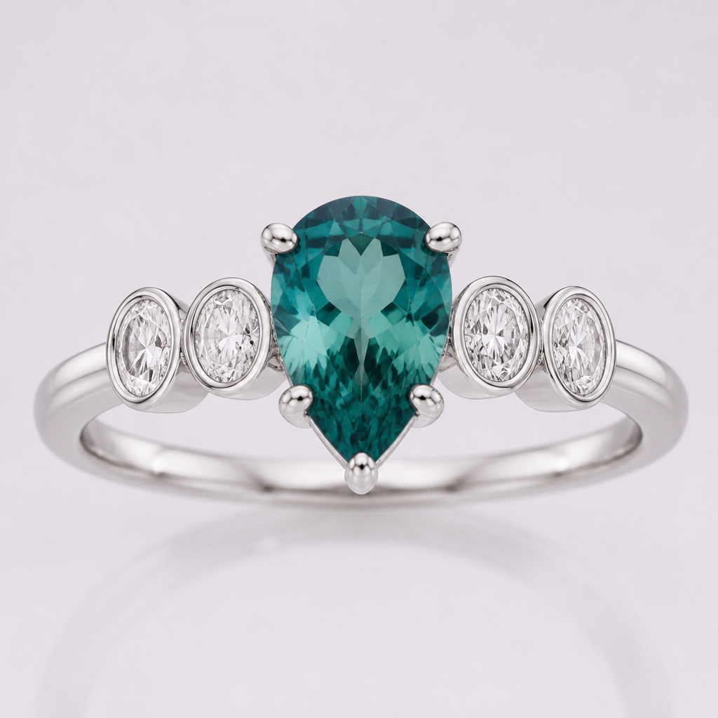 engagement ring in 14k white gold with a pear shaped teal stone in four prongs in the center. On the sides of the center stone are four 4x3 bezel set oval diamonds set sideway on the band (two on each side). the rest of the band is half round polished white gold.
photorealistic jewelry design, just the design, no text, 14k white gold engagement ring, pear-shaped teal stone in four prongs, flanked by two bezel-set oval diamonds on each side, on a half-round polished 14k white gold band.