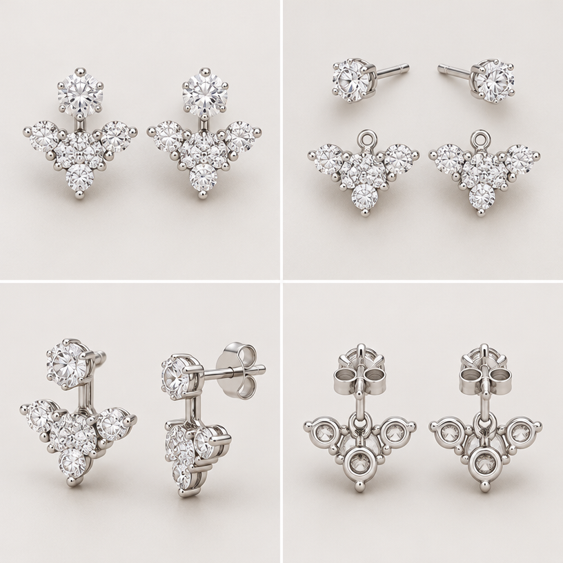 A women's earrings, minimalist, simple and delicate, clean lines. สามารถถอดออกเป็นส่วนๆได้,เปลี่ยนใบไม้ให้เป็นเม็ดเดี่ยวล้อเอาแค่ชุดเดียว,4 views
using the attached image as a visual reference, create A women's earrings, minimalist, simple and delicate, clean lines. สามารถถอดออกเป็นส่วนๆได้,เปลี่ยนใบไม้ให้เป็นเม็ดเดี่ยวล้อเอาแค่ชุดเดียว,4 views. photorealistic, just the design no text