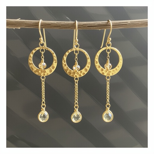 Золотые серьги словно мятое золото в форме узкого изящного полумесяца. Верхушка полумесяца крепится к застежке серьги.  От полумесяца идет три цепочки, у каждой на конце мелкий камушек цитрин