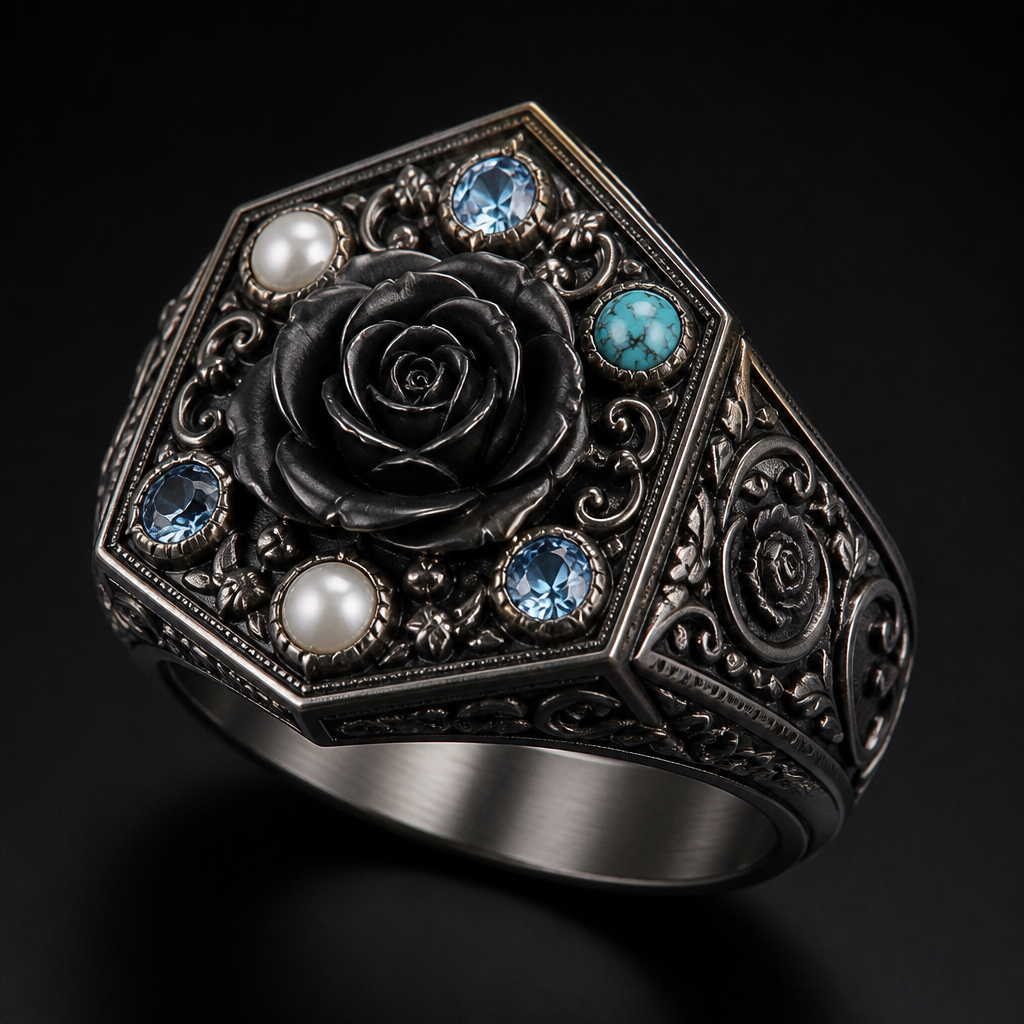 A vintage men's ring made of titanium with pearl and topaz and turquoise stones suitable for engagement. a black rose ring with a Pentagon like shape
photorealistic jewelry design, A vintage men's ring made of titanium with pearl and topaz and turquoise stones suitable for engagement. a black rose ring with a Pentagon like shape, vintage style, just the design no text