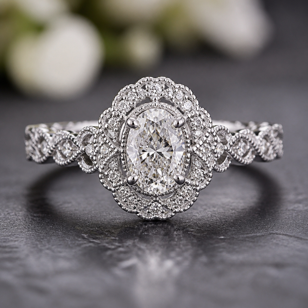 A halo women's ring with diamond stones suitable for wedding, highly ornate, intricate and elaborate, richly detailed. A 0.70-carat oval diamond is used as the center stone.
photorealistic jewelry design, A halo women's ring with diamond stones suitable for wedding, highly ornate, intricate and elaborate, richly detailed. A 0.70-carat oval diamond is used as the center stone., halo style, just the design no text