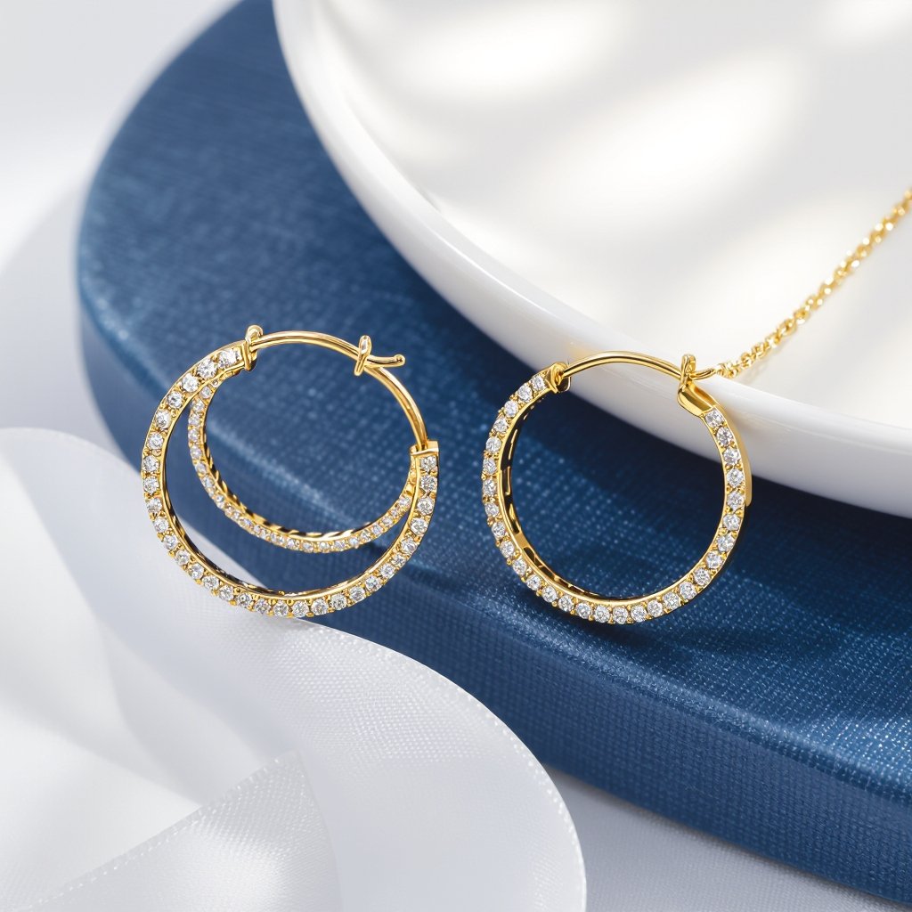 Eclipsera Hoops 	•	Style: Eclipse-inspired double hoop; smaller hoop suspended on chain inside larger hoop. 	•	Dimensions: Outer hoop Ø 26 mm; inner hoop Ø 14 mm. 	•	Material: 18K gold-plated sterling silver. 	•	Gem Details: Tiny pavé CZ/lab diamonds on smaller inner hoop. 	•	Closure: Lock-in hinge snap closure. 	•	Notes: Inner hoop must rotate freely with slight shimmer.