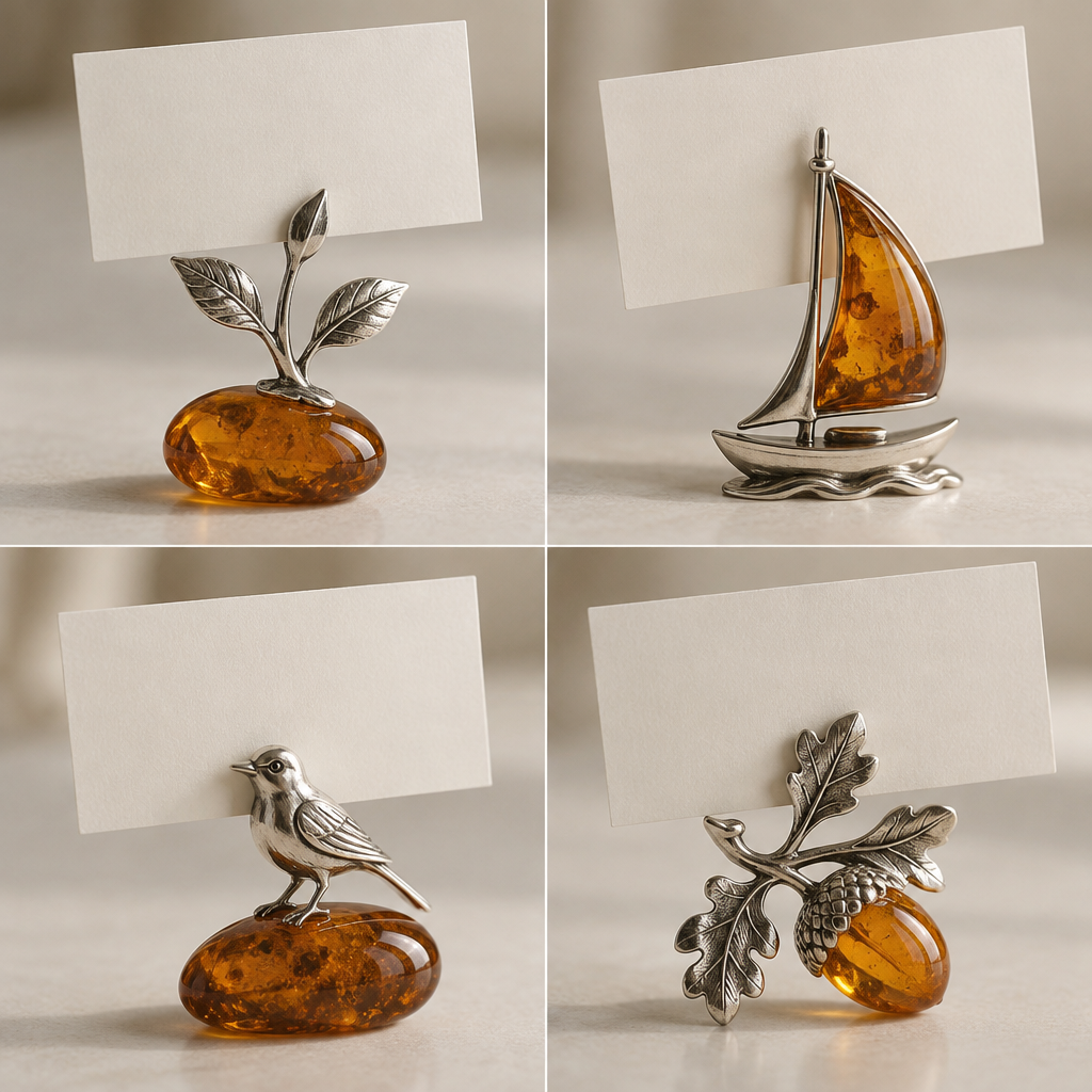 Vardines stalo korteliu laikikliai sidabras ir gintaras 4 variantai
photorealistic jewelry design, Vardines stalo korteliu laikikliai sidabras ir gintaras 4 variantai, just the design no text
