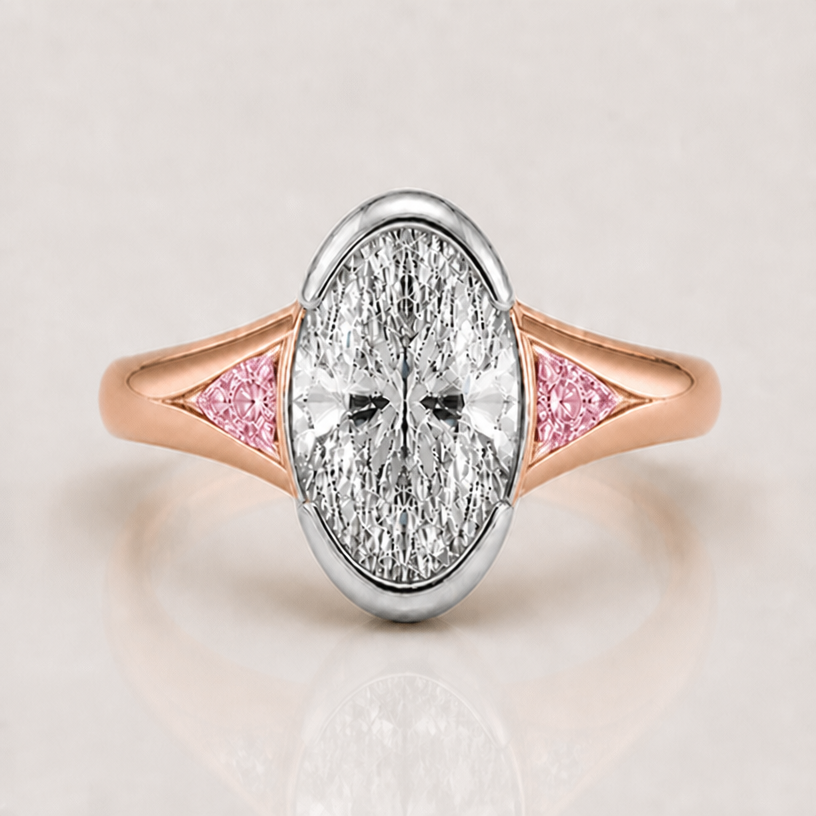 no prongs on the trillion, they sit flushly with bezel
edit the attached jewelry design with these instructions: no prongs on the trillion, they sit flushly with bezel. keep it photorealistic, just the design no text