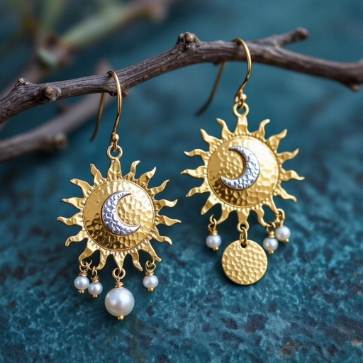 Золотые серьги словно мятое золото в форме солнца с волнистыми лучами крепится к застежке серьги. К нижней части солнца крепятся подвески: миниатюрная серебристая луна, очень маленький жемчуг и маленький золотой кружочек с мятым эффектом плоский