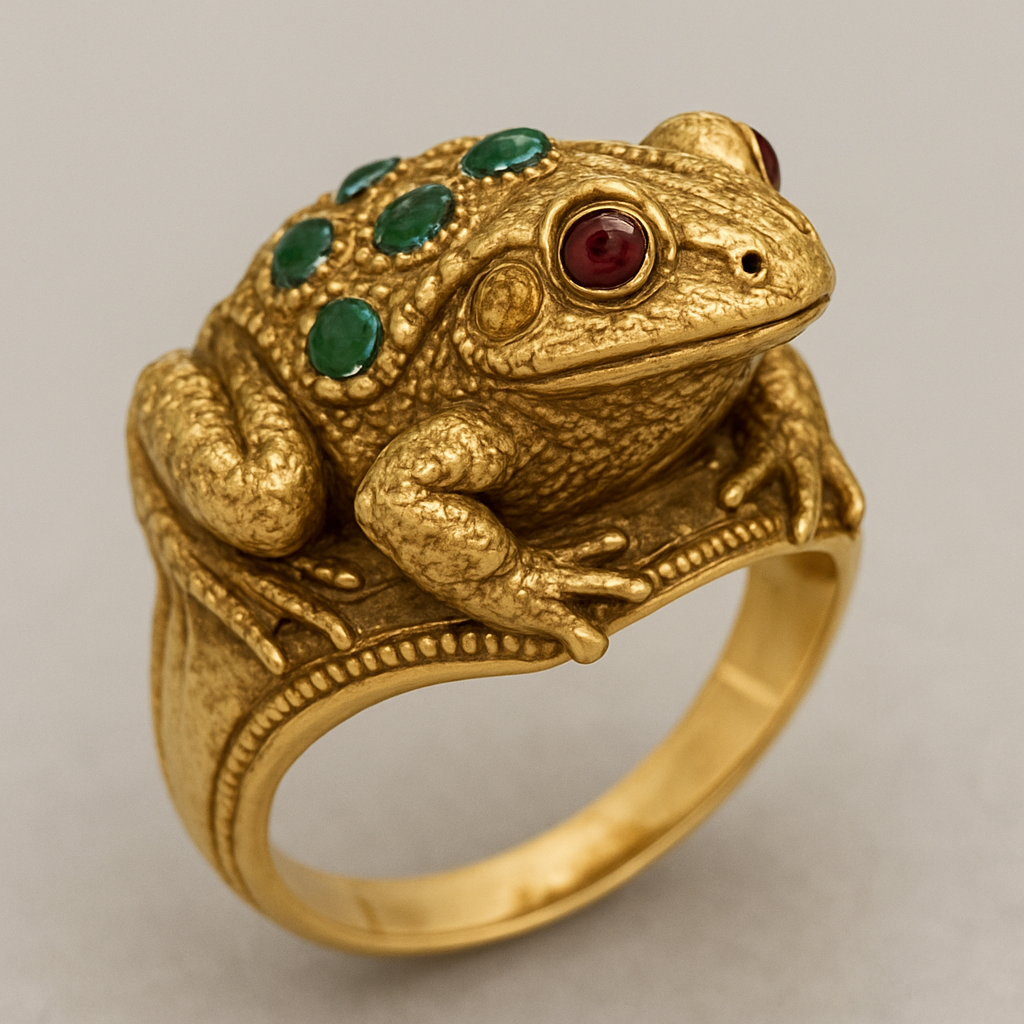 Lucky toad ring with emerald stones and rubies for the eyes set in yellow gold