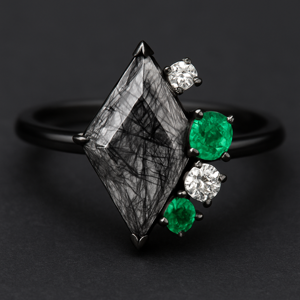 Kite cut Black rutilated quartz with emerald and moissanite accent stones in a cluster on a black band