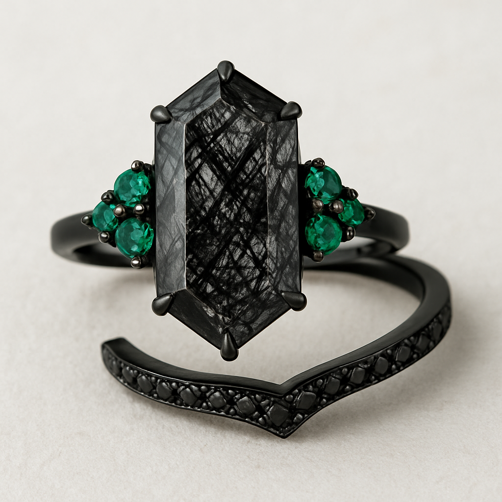 Black band, medium long hexagon cut rutilated black quartz, emerald accent stones 3 on each side in a cluster, add a wedding band that curves with black stones