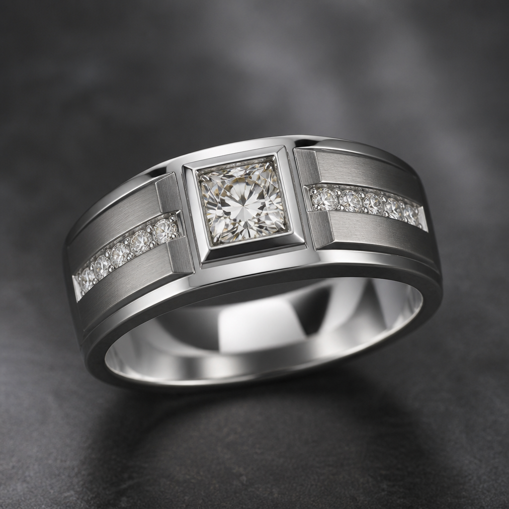 A modern men's ring with diamond stones
photorealistic jewelry design, A modern men's ring with diamond stones, modern style, just the design no text