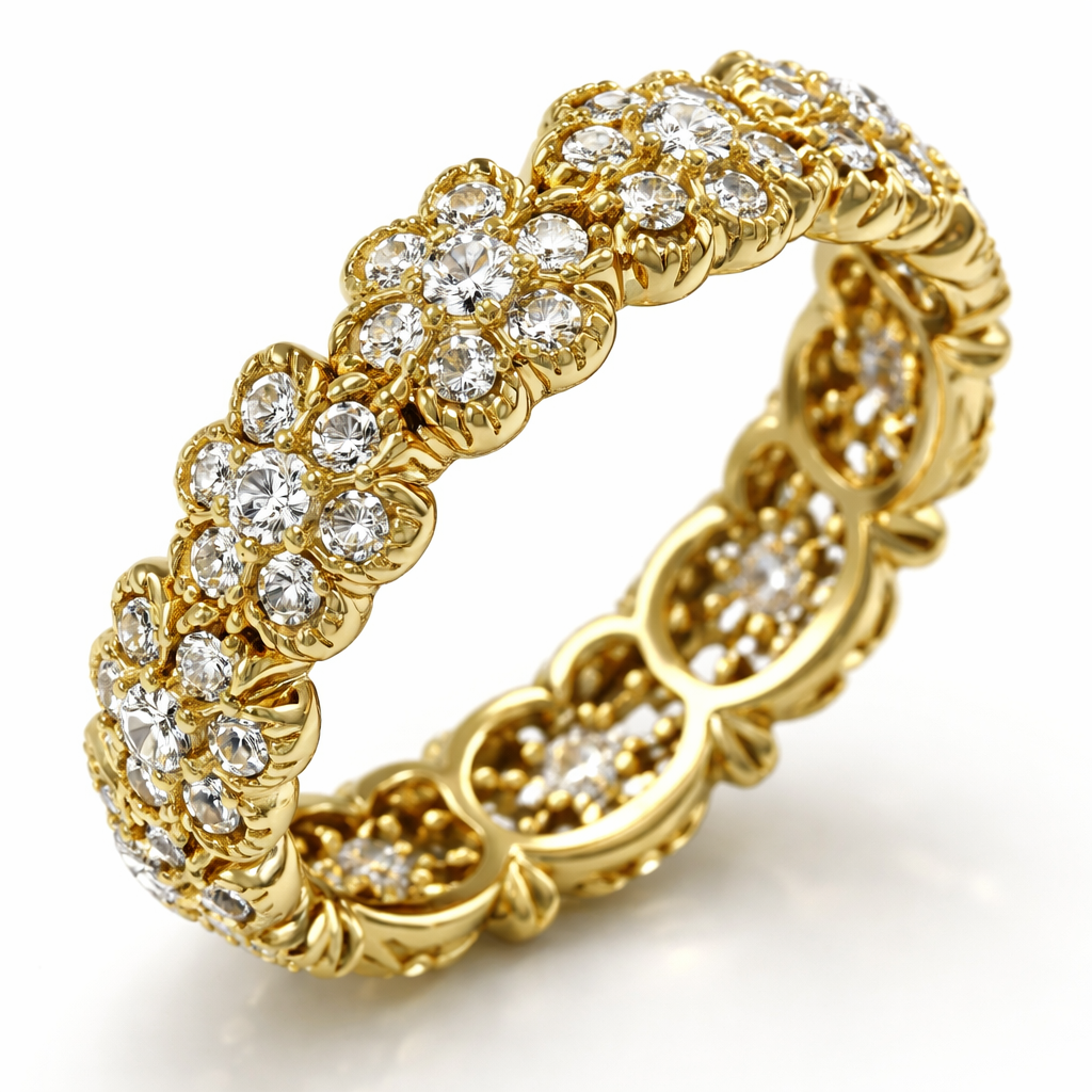 Vintage eternity ring with diamonds, yellow gold flower style