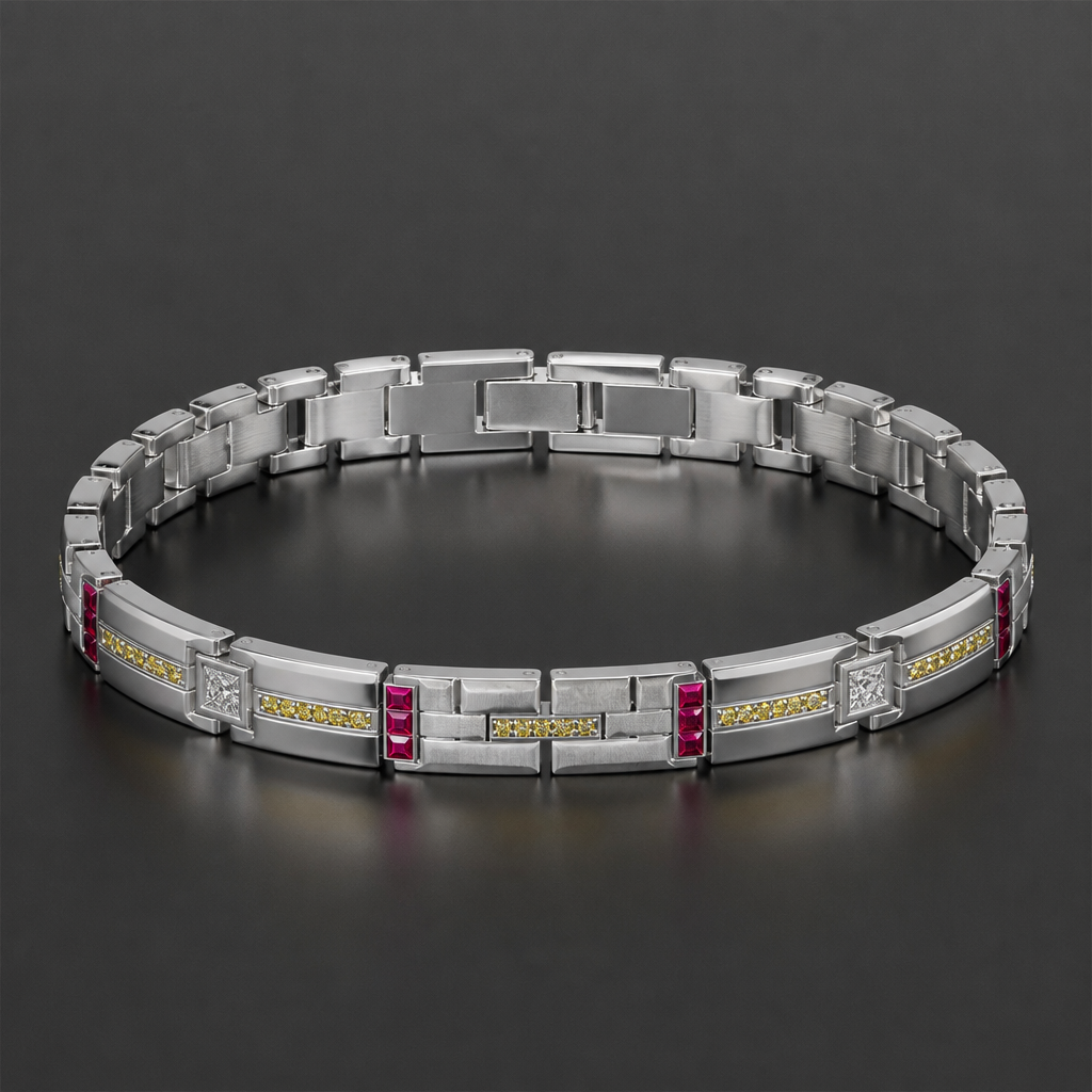 A men's bracelet made of white gold with diamond and ruby stones. una delicada pulsera con diamante amarillos y rubies y que mantenga el mismo tejido
photorealistic jewelry design, A men's bracelet made of white gold with diamond and ruby stones. una delicada pulsera con diamante amarillos y rubies y que mantenga el mismo tejido, modern style, just the design no text