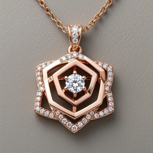 Geomatric modern Design a contemporary pendant featuring a single, large diamond shaped like a wing, symbolizing freedom and elegance. The diamond is elegantly set in a sleek, minimalist rose gold frame that accentuates its brilliance. The modern aesthetic is enhanced with clean lines and asymmetry, making it a striking statement piece for the avant-garde wearer.