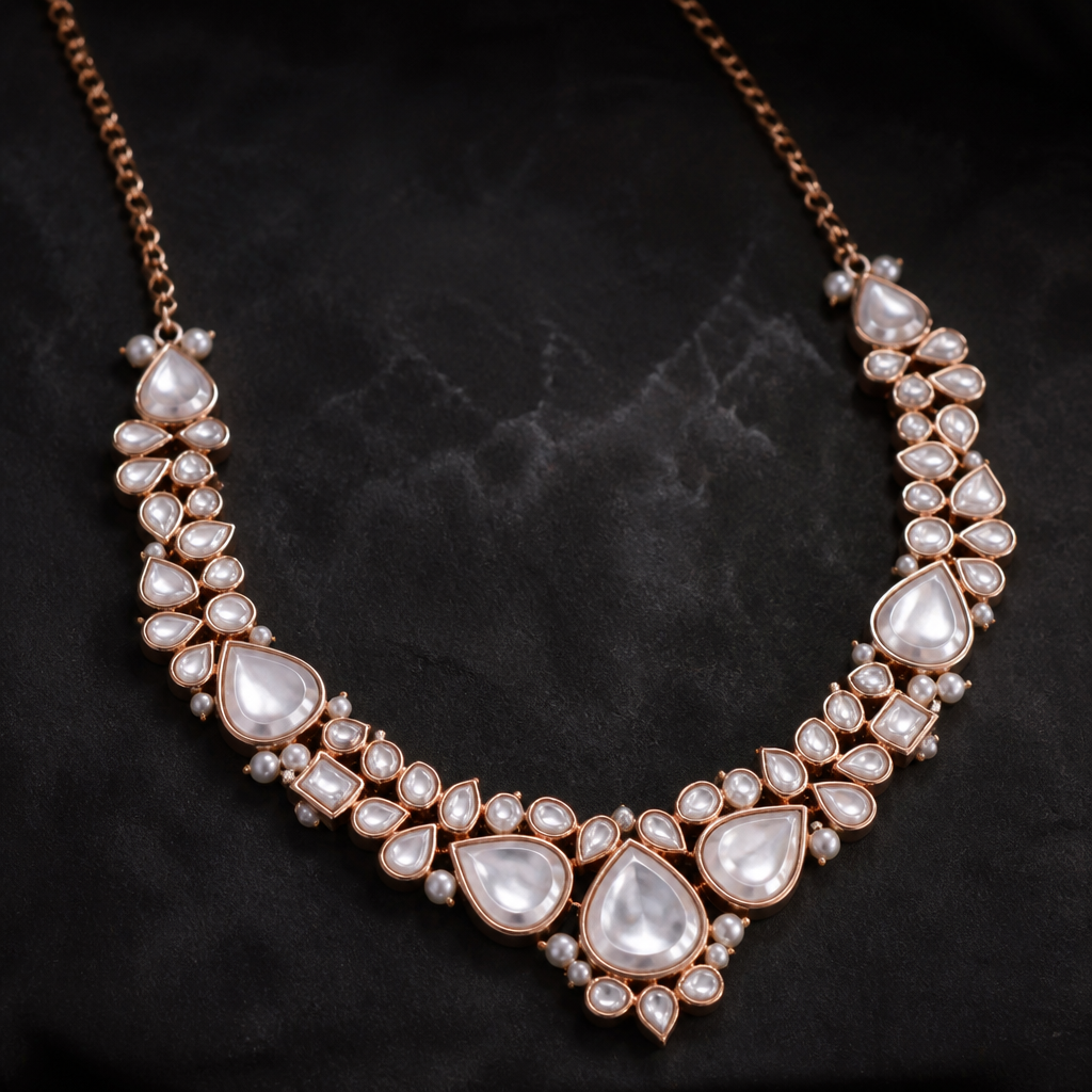 A modern women's necklace made of copper with pearl stones suitable for party. fine polki Kundan
photorealistic jewelry design, A modern women's necklace made of copper with pearl stones suitable for party. fine polki Kundan, modern style, just the design no text