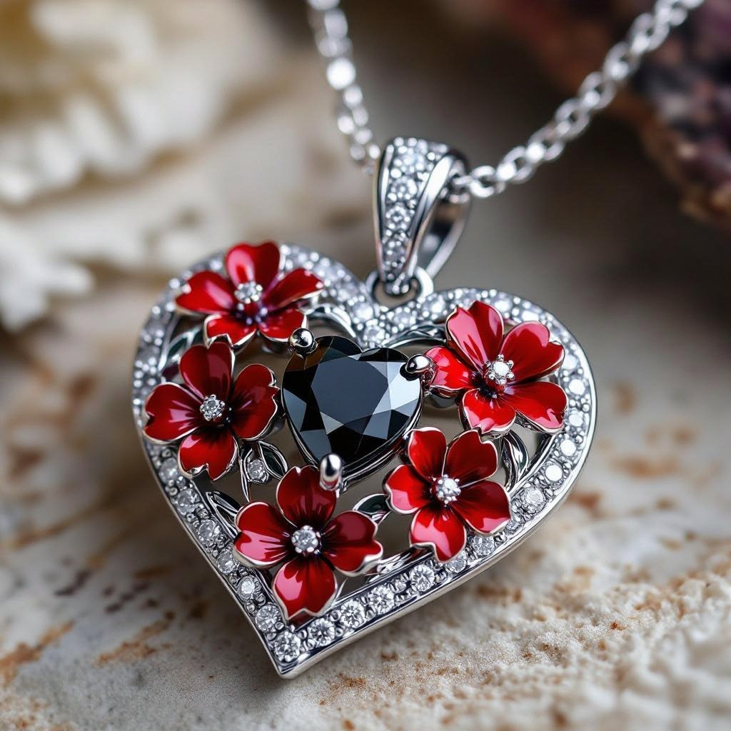 Heart of love with black diamond in the  red flowers blooming in it