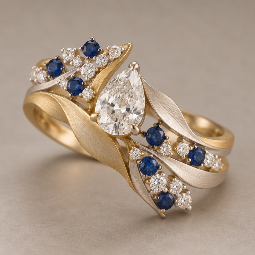 A bohemian women's ring with diamond and sapphire stones. use the reference photo for gem size and shape only. do not cluster gems or take inspiration from metal shape. design ring using 33 of the small diamonds, 7 blue sapphires, and one large diamond. mixed metal should be white and yellow gold in matte finish.
using the attached image as a visual reference, create A bohemian women's ring with diamond and sapphire stones. use the reference photo for gem size and shape only. do not cluster gems or take inspiration from metal shape. design ring using 33 of the small diamonds, 7 blue sapphires, and one large diamond. mixed metal should be white and yellow gold in matte finish.. photorealistic, just the design no text