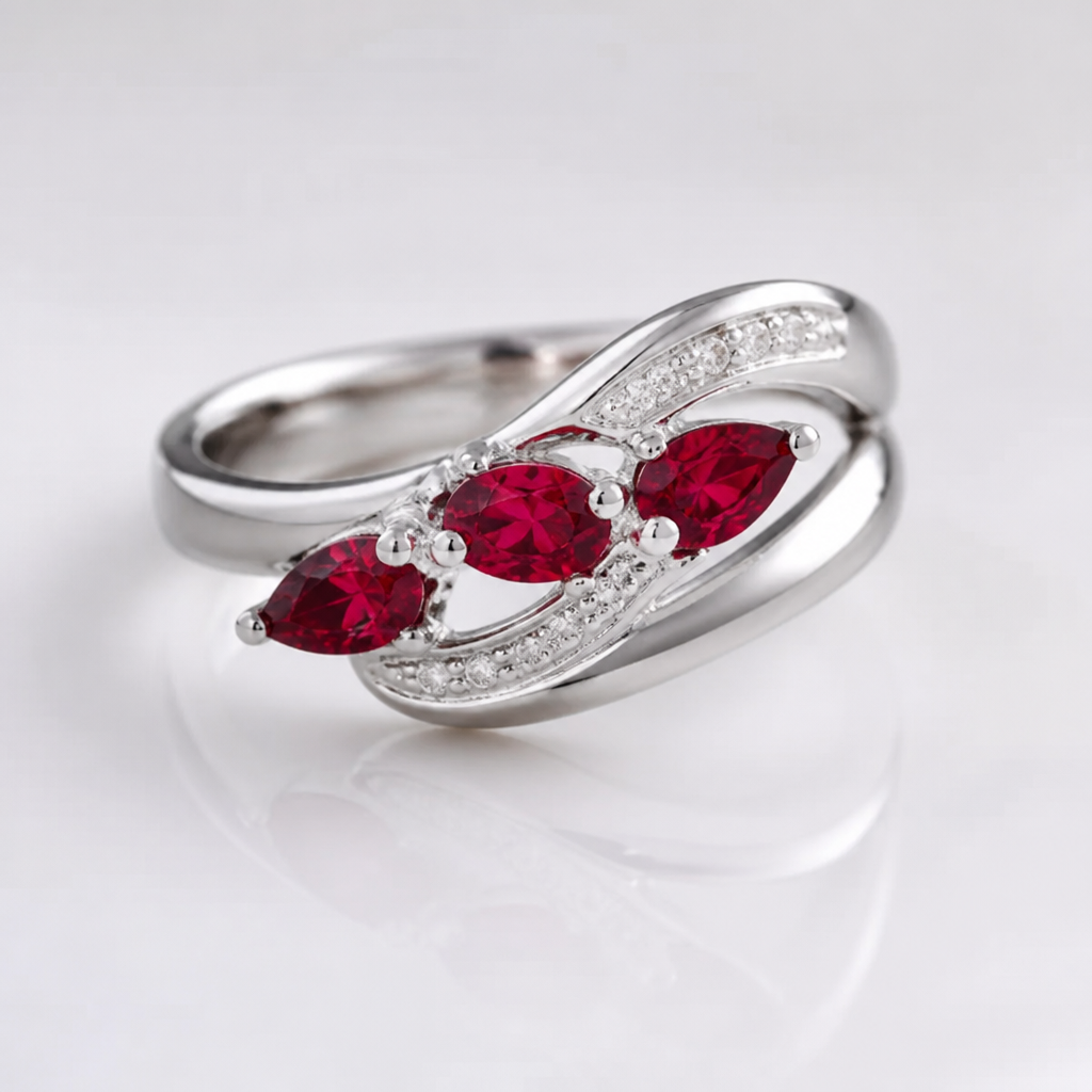 A modern women's ring made of platinum with ruby stones suitable for birthday
photorealistic jewelry design, A modern women's ring made of platinum with ruby stones suitable for birthday, modern style, just the design no text