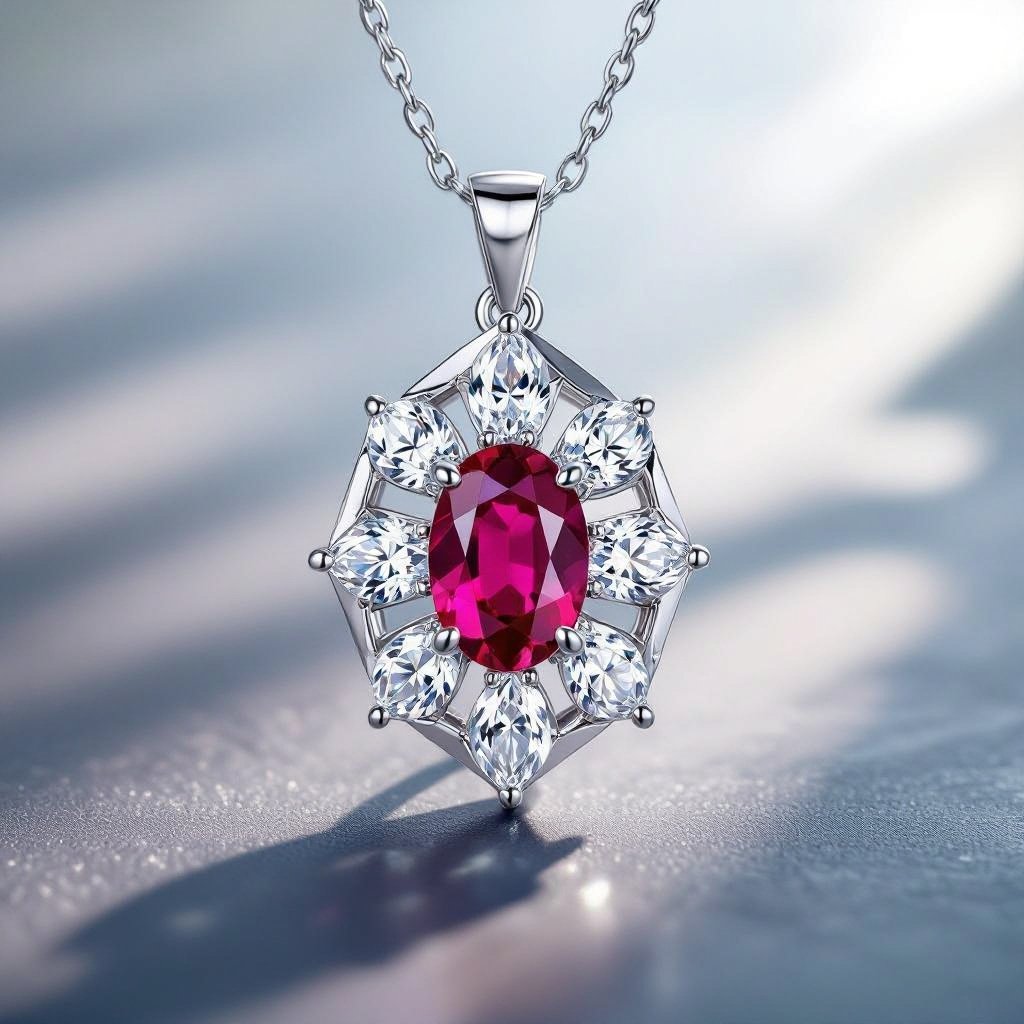 7x5mm oval pigeon blood ruby with 8 marquis cut diamonds each .08ct set in white gold pendant 