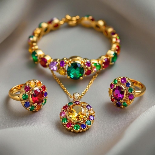 Necklace and ring and earring with luxury colorful jewel with gold