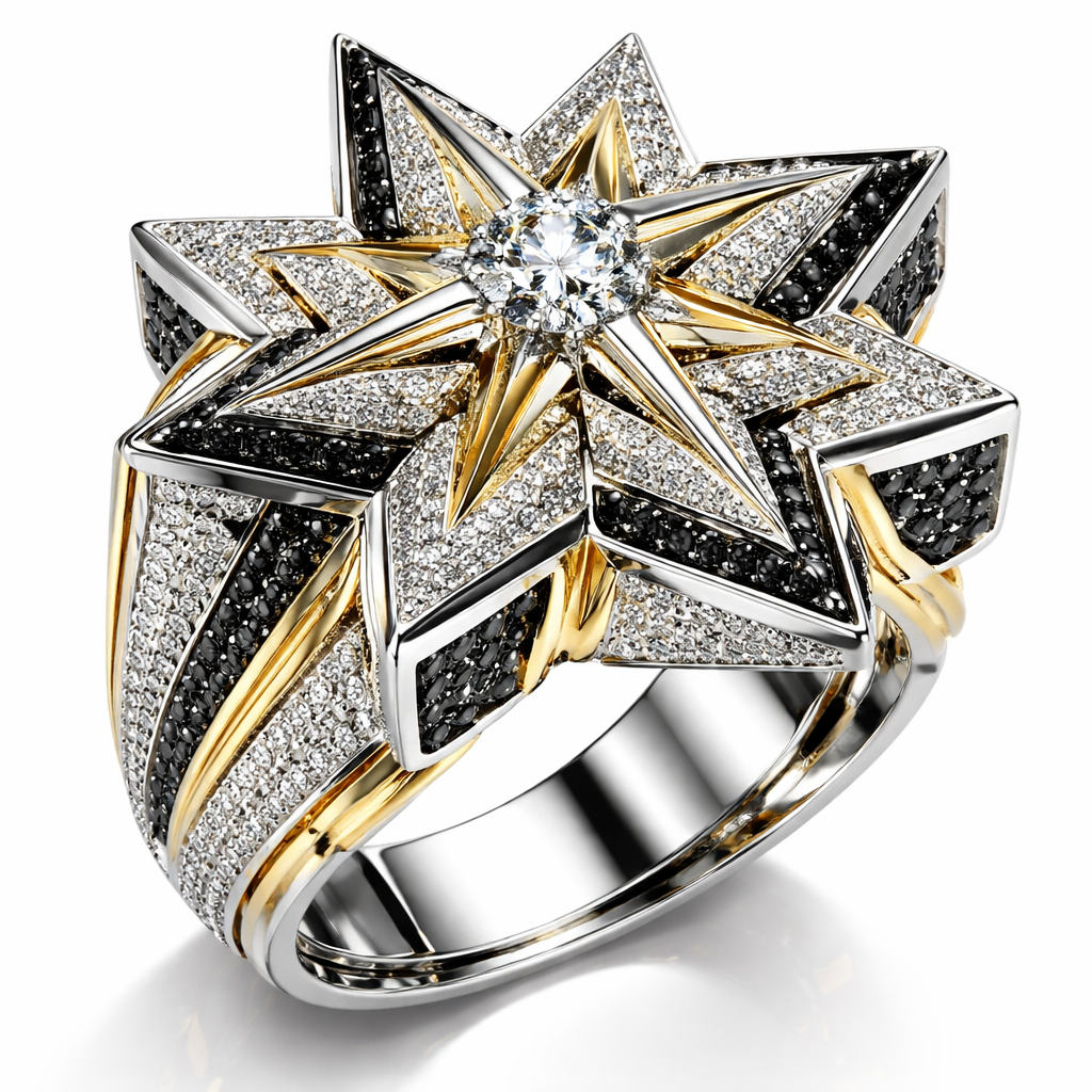 Geomatric star ring of architecture shape and bold edgy style of white diamonds and black diamonds with white and yellow gold with white background