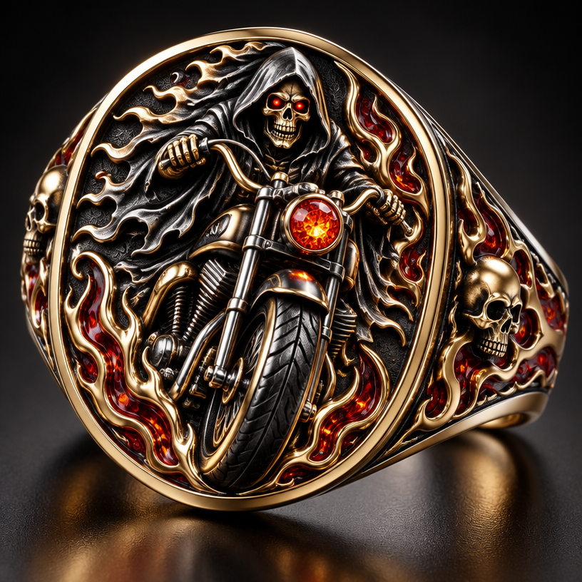 A signet women's ring made of mixed metal suitable for party, detailed and decorative, moderately ornate. reaper on a motorcycle
using the attached image as a visual reference, create A signet women's ring made of mixed metal suitable for party, detailed and decorative, moderately ornate. reaper on a motorcycle. photorealistic, just the design no text