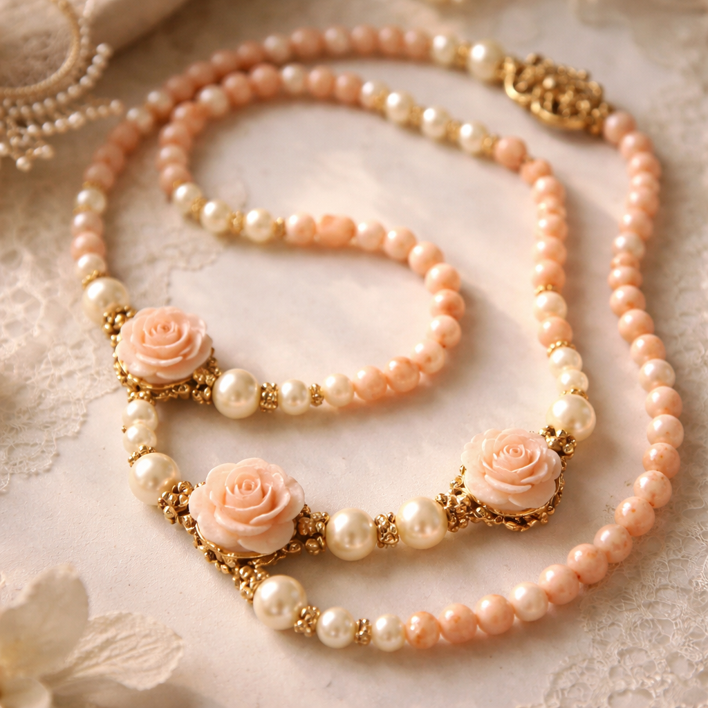 Angel skin coral round beads with carved angel skin and genuine cream colored pearls beaded necklace coral is 5mm
Angel skin coral round beads with carved angel skin and genuine cream colored pearls beaded necklace coral is 5mm, vintage style