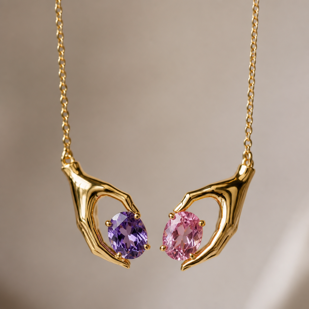 A women's ring. collar de oro con un diamante violeta y un rosa con bortes asiendo ver q dos maños las sostienen
photorealistic jewelry design, A women's ring. collar de oro con un diamante violeta y un rosa con bortes asiendo ver q dos maños las sostienen, modern style, just the design no text