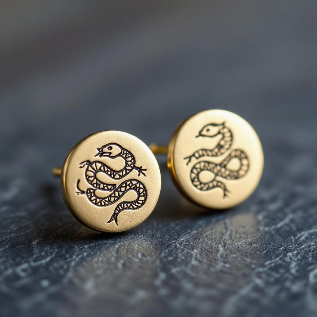 Небольшие золотые матовые серьги в виде символической змеи