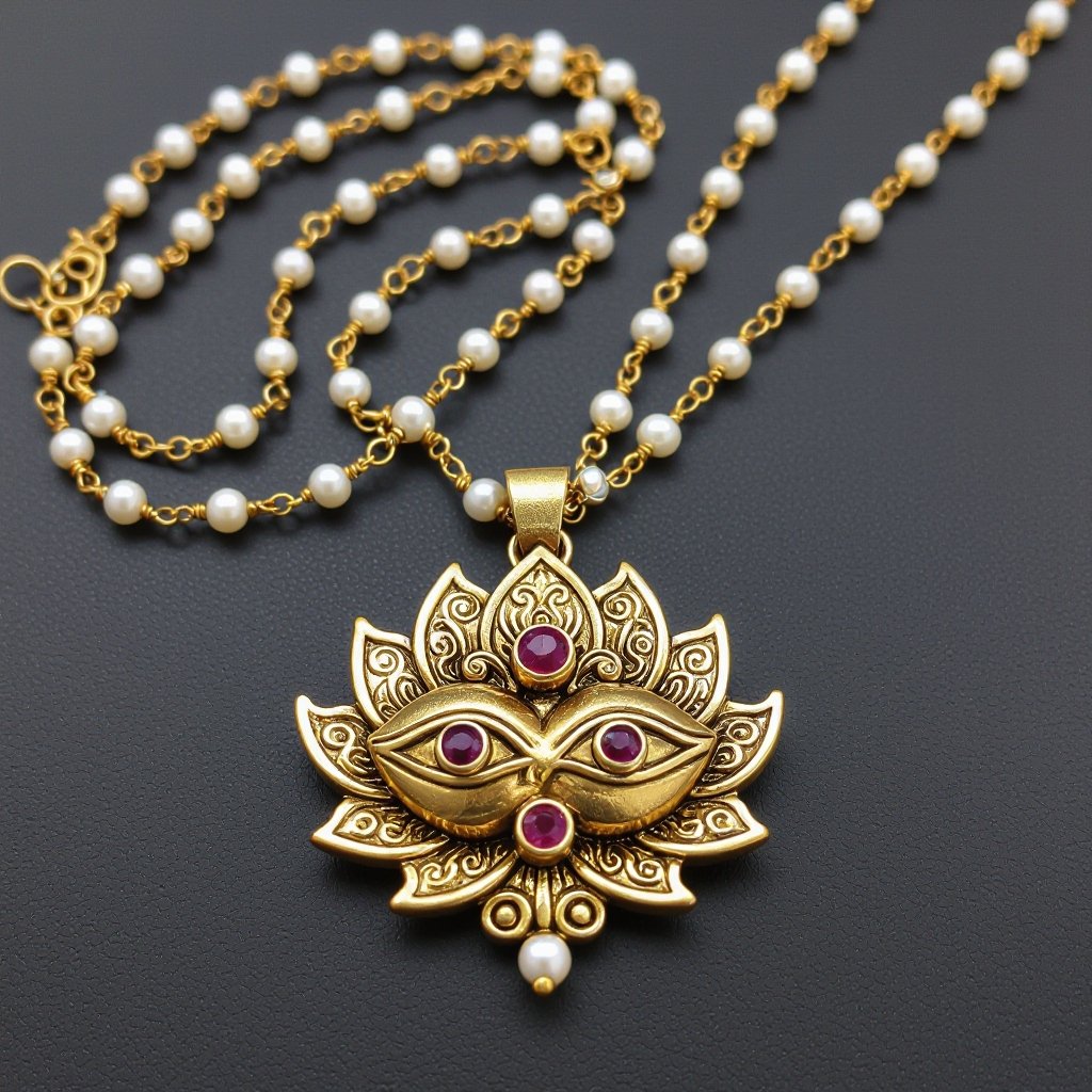Кулон на длинной цепочке. Матовое светлое золото. В цепочке небольшие золотые шарики и жемчуг. Кулон в виде двух глаз над ними лотос с маленьким красным камнем внутри узоры завитушки 