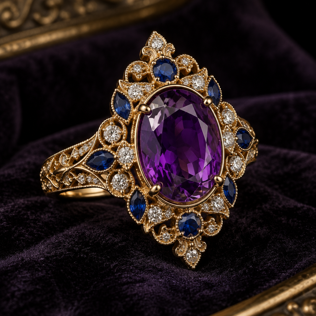 A modern women's ring made of rose gold with diamond and aquamarine and amethyst stones suitable for daily wear, detailed and decorative, moderately ornate. Vintage Royal Amethyst, Sapphire & Diamond Jewelry
Design an exquisite vintage-inspired luxury jewel influenced by Edwardian and Art Deco high jewelry from the 1920s. Feature a large, deep violet amethyst as the central gemstone, surrounded by brilliant-cut diamonds and rich royal-blue sapphires arranged in an intricate, symmetrical pattern. Set the gemstones in polished yellow gold with delicate filigree, milgrain edges, fine engraved details, and elegant floral motifs. The design should feel regal, romantic, mysterious, and timeless, like a rare heirloom from an old European royal family. Intricate craftsmanship, realistic gemstones, luxurious antique aesthetic, refined proportions, photorealistic jewelry rendering, soft dramatic lighting, dark velvet background.
photorealistic jewelry design, A modern women's ring made of rose gold with diamond and aquamarine and amethyst stones suitable for daily wear, detailed and decorative, moderately ornate. Vintage Royal Amethyst, Sapphire & Diamond Jewelry
Design an exquisite vintage-inspired luxury jewel influenced by Edwardian and Art Deco high jewelry from the 1920s. Feature a large, deep violet amethyst as the central gemstone, surrounded by brilliant-cut diamonds and rich royal-blue sapphires arranged in an intricate, symmetrical pattern. Set the gemstones in polished yellow gold with delicate filigree, milgrain edges, fine engraved details, and elegant floral motifs. The design should feel regal, romantic, mysterious, and timeless, like a rare heirloom from an old European royal family. Intricate craftsmanship, realistic gemstones, luxurious antique aesthetic, refined proportions, photorealistic jewelry rendering, soft dramatic lighting, dark velvet background., modern style, just the design no text