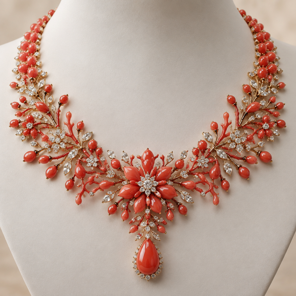 A women's necklace suitable for wedding, highly ornate, intricate and elaborate, richly detailed. coral neckalace
photorealistic jewelry design, A women's necklace suitable for wedding, highly ornate, intricate and elaborate, richly detailed. coral neckalace, modern style, just the design no text