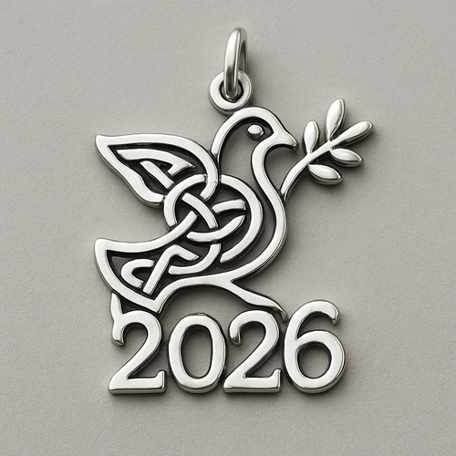 Silver minimal cut-out abstract charm blending together the pigeon of peace hold an olive branch along the year 2026