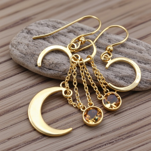 Золотые серьги полумесяц вертикальный 2 см, сверху крепится к швензе. От полумесяца идет три цепочки золотого цвета, у каждой на конце камушек цитрит