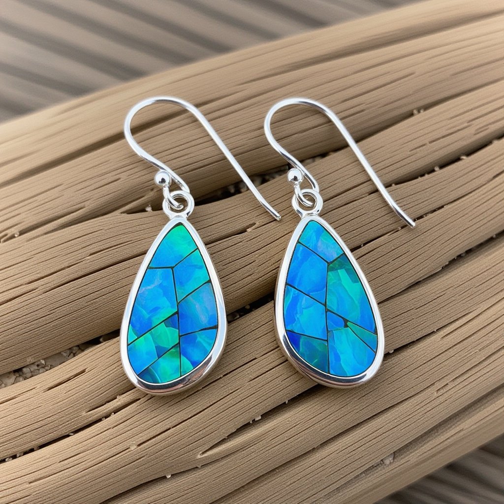 Серьги серебряные в виде бирюзового с переливами половины крыла бабочки из перламутра 