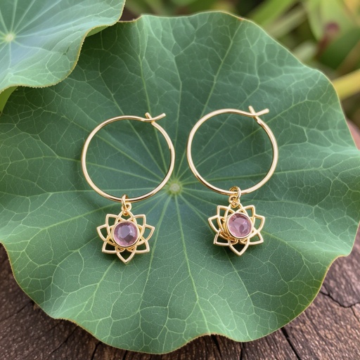 Серьги небольшие кольца,на серьгах висит в виде золотого лотоса шестью лепестками с маленьким розовым кварцем по центру