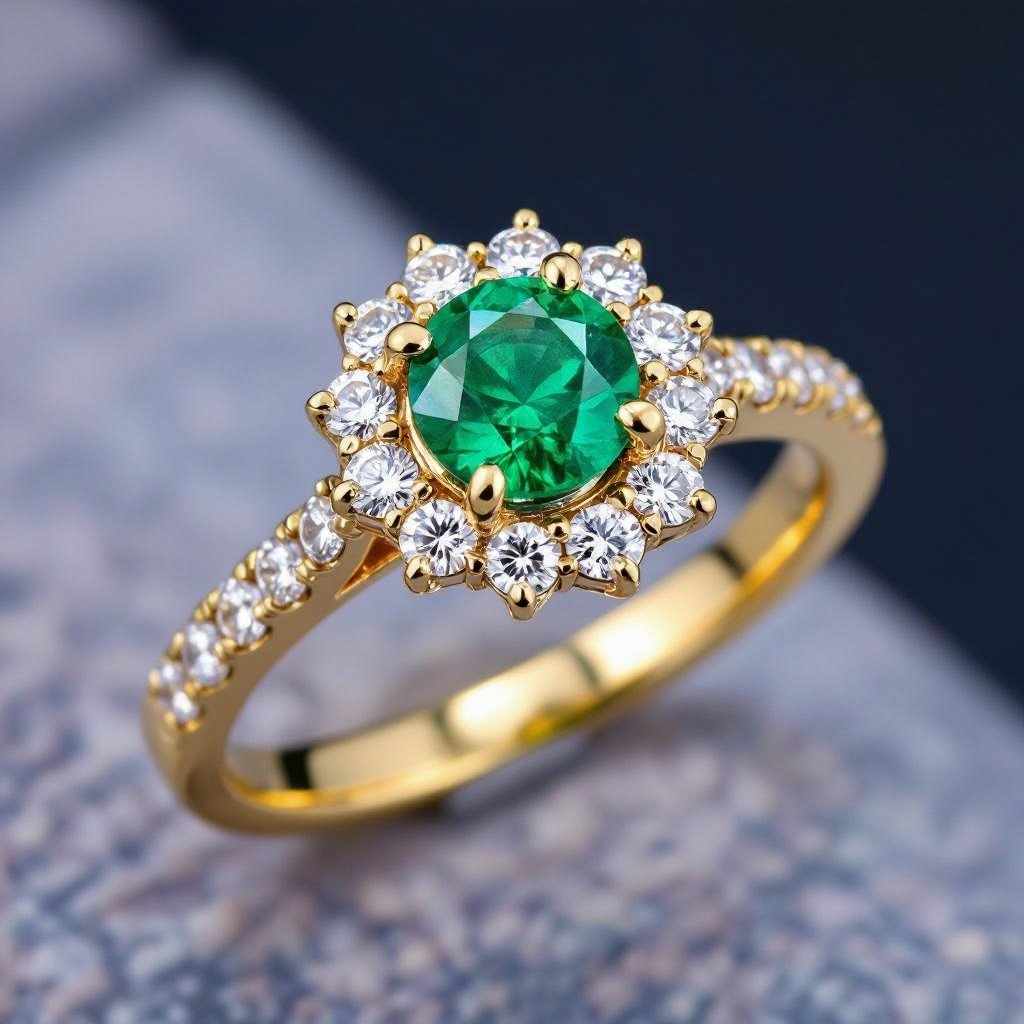 Anillo con Central de esmeralda redonda con 6 diamantes al rededor en oro amarillo 