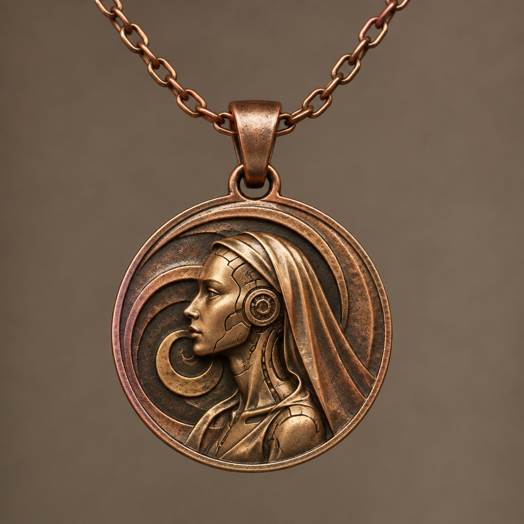 A statement women's necklace made of copper suitable for daily wear. a spiral with a android woman with vail on a coin style
photorealistic jewelry design, A statement women's necklace made of copper suitable for daily wear. a spiral with a android woman with vail on a coin style, statement style, just the design no text