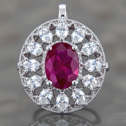 7x5mm oval pigeon blood ruby with 8 marquis cut diamonds each .08ct set in white gold pendant 