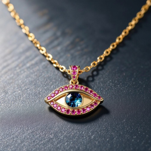 Тонкая цепочка с золотыми шариками и мелкими розовыми камушками на цепочке есть кулон в форме глаза, зрачок глаза из темно синего камня 