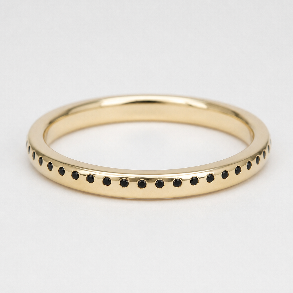 Size 7 yellow gold band with 50 tiny black diamond dots
photorealistic jewelry design, Size 7 yellow gold band with 50 tiny black diamond dots
, just the design no text