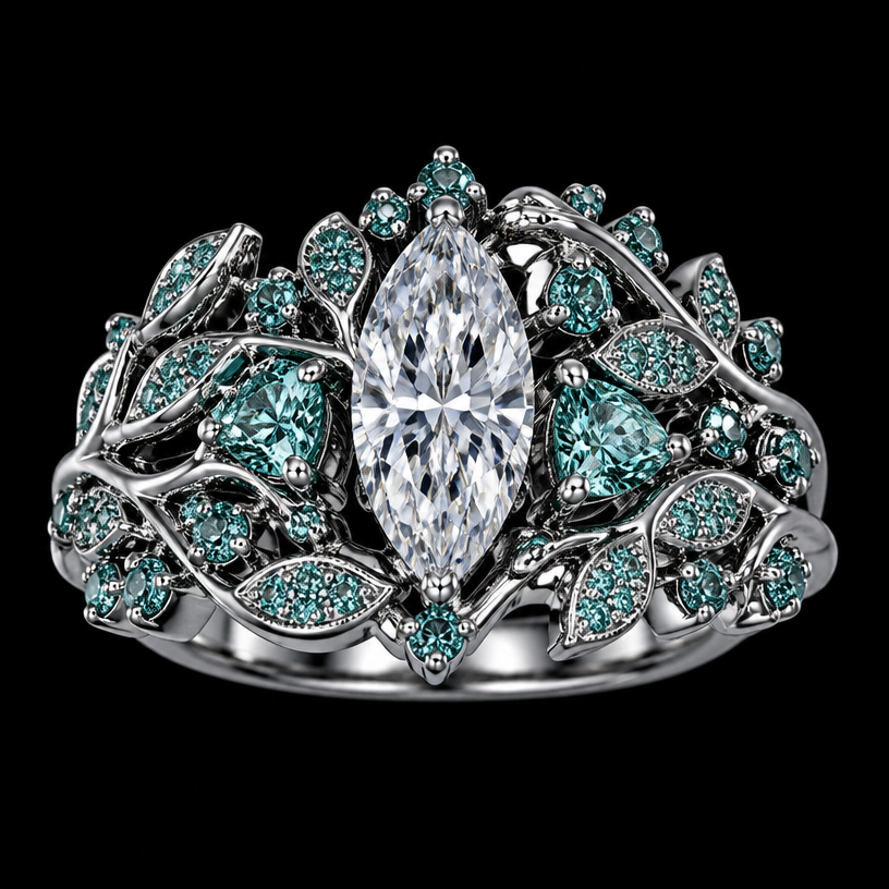 A nature-inspired women's ring made of white gold with diamond and emerald stones suitable for engagement, highly ornate, intricate and elaborate, richly detailed. quiero un anillo de compromiso con un diseño botánico emulando hojas de plantas con moissanitas verdes azuladas redondas o triangulares con una moissanita blanca con corte marques en em centro
using the attached image as a visual reference, create A nature-inspired women's ring made of white gold with diamond and emerald stones suitable for engagement, highly ornate, intricate and elaborate, richly detailed. quiero un anillo de compromiso con un diseño botánico emulando hojas de plantas con moissanitas verdes azuladas redondas o triangulares con una moissanita blanca con corte marques en em centro. photorealistic, just the design no text
