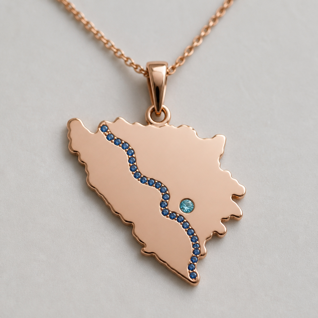 A women's pendant made of rose gold. outline of Bosnia and Herzegovina with a 2.5 mm round Paraiba colour apatite flush set in location of sarajevo and a series of 1.5 mm round blue sapphires outlining the river Bosnia from spring to where it flows into the next river
photorealistic jewelry design, A women's pendant made of rose gold. outline of Bosnia and Herzegovina with a 2.5 mm round Paraiba colour apatite flush set in location of sarajevo and a series of 1.5 mm round blue sapphires outlining the river Bosnia from spring to where it flows into the next river, modern style, just the design no text