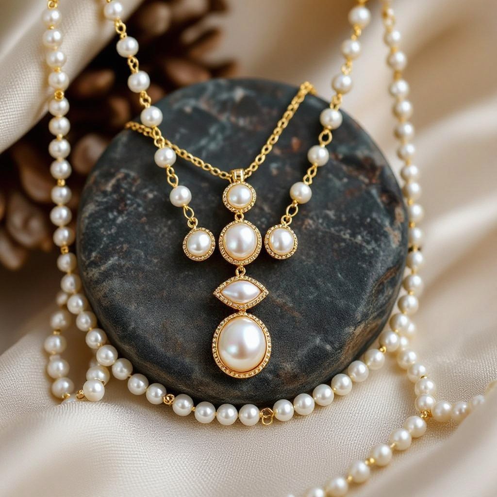 Кулон на длинной цепочке. Матовое светлое золото. В цепочке небольшие золотые шарики и жемчуг. Кулон в форме трех глаз, два горизонтально и один между ними сверху вертикально узоры завитушки 