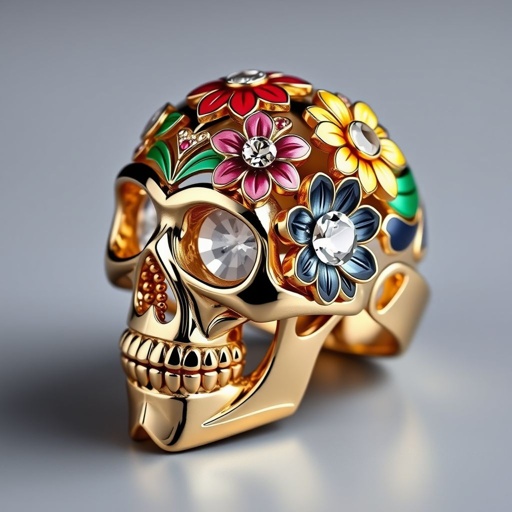 Sugar skull ring with white topaz accents set in flowers