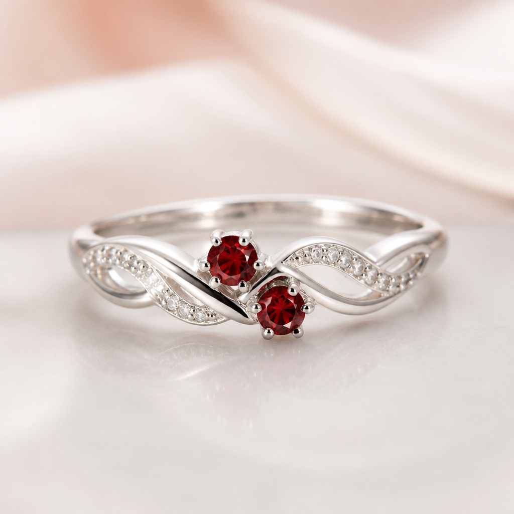 Delicate infinity ring with white gold band and January birthstones
photorealistic jewelry design, Delicate infinity ring with white gold band and January birthstones
, romantic style, just the design no text