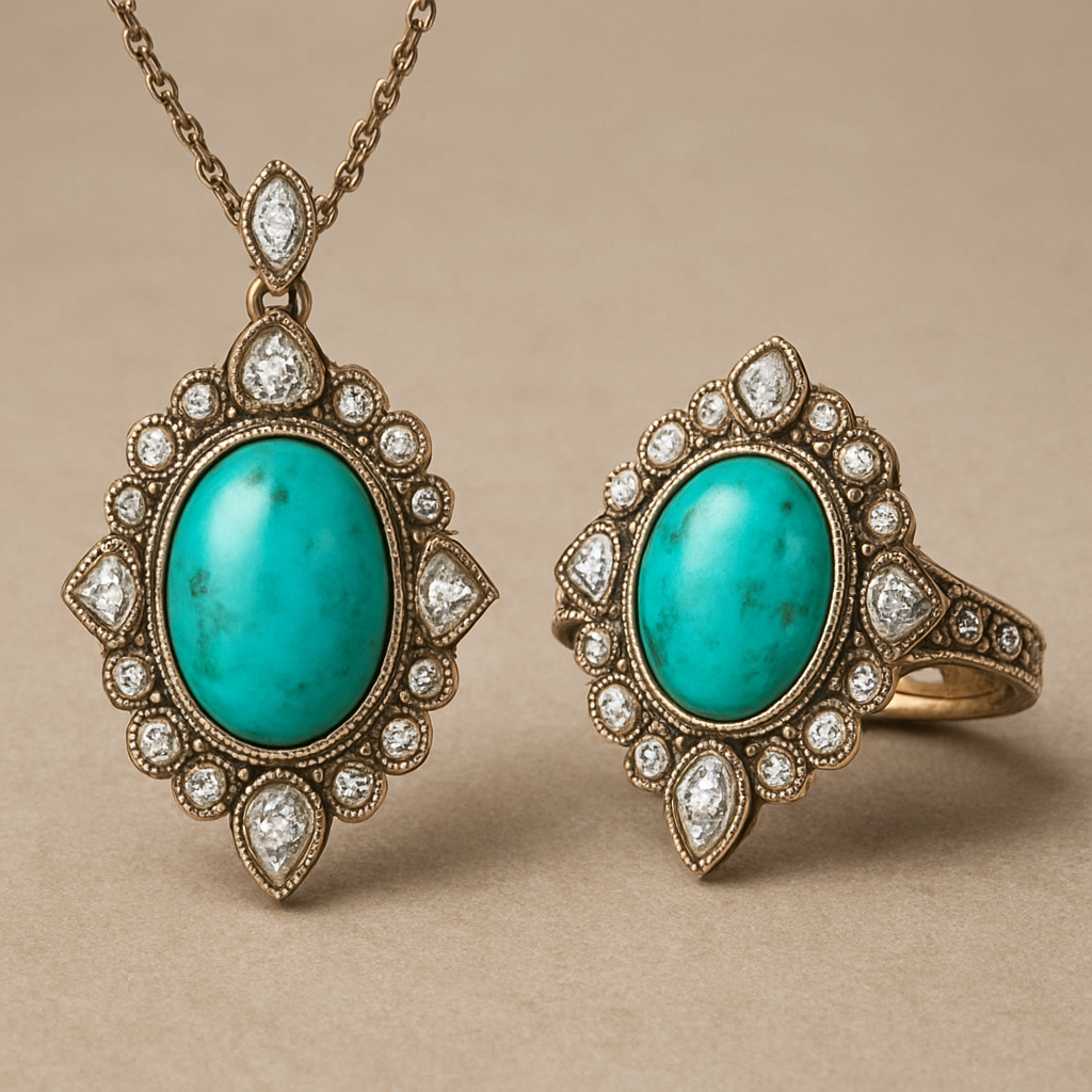 to design a pendant and a ring featuring the main turquoise incorporating round, marquise, and pear-shaped diamonds as additional elements. more unique