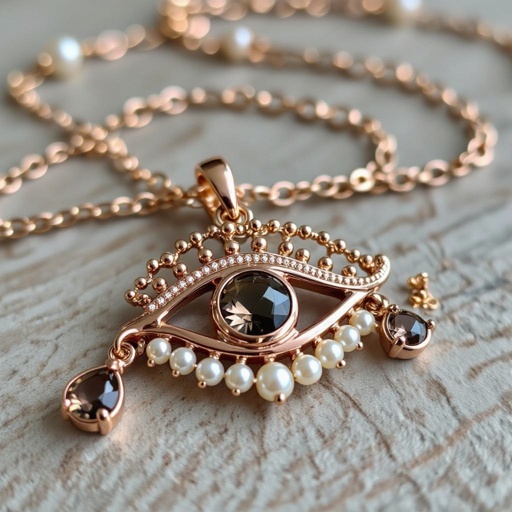 Тонкая цепочка с золотыми шариками и мелкими жемчужными камушками на цепочке есть кулон в форме глаза, зрачок глаза из раухтопаза от глаза идет маленькая подвеска с маленьким камушком 