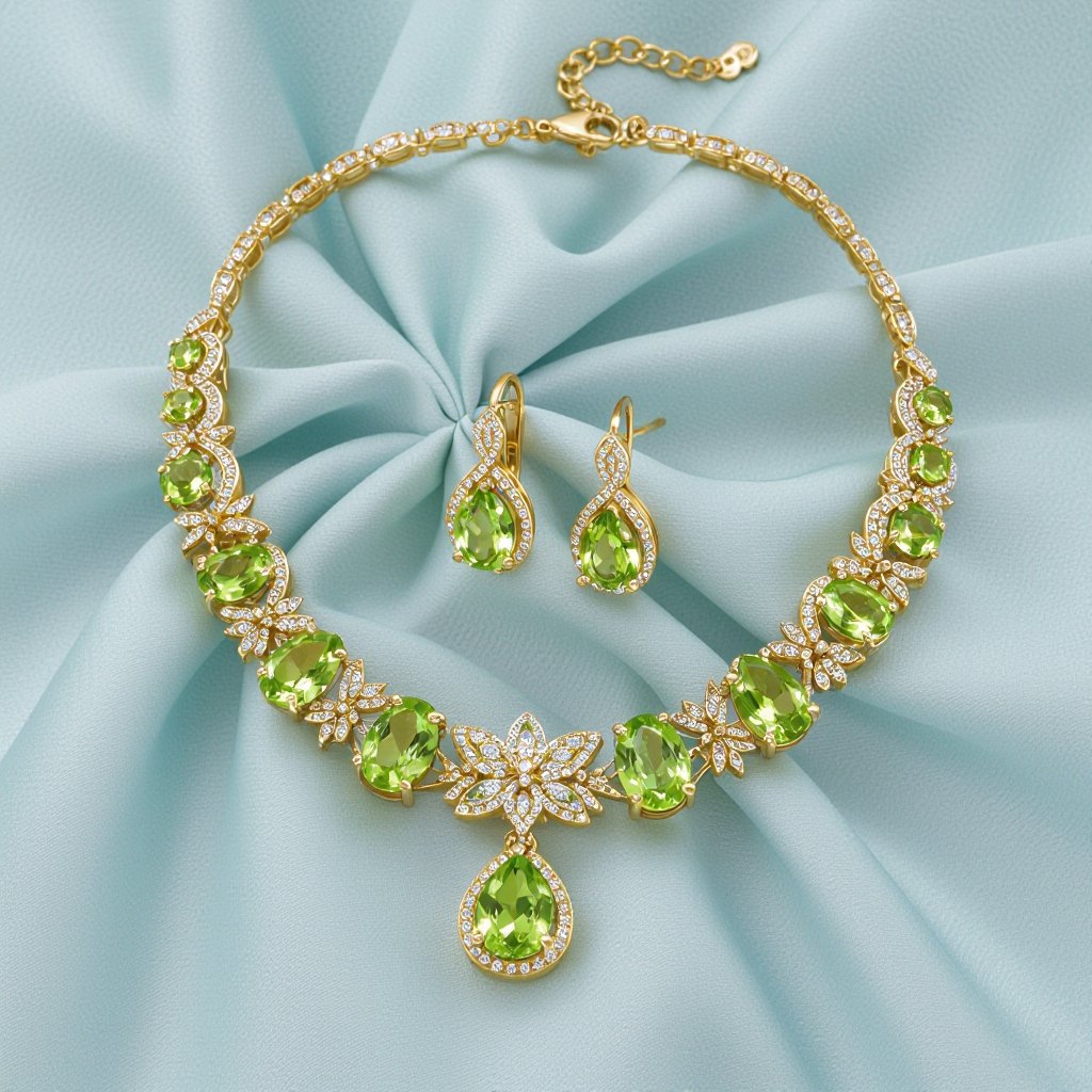 Necklace and earring with peridot and diamond with gold