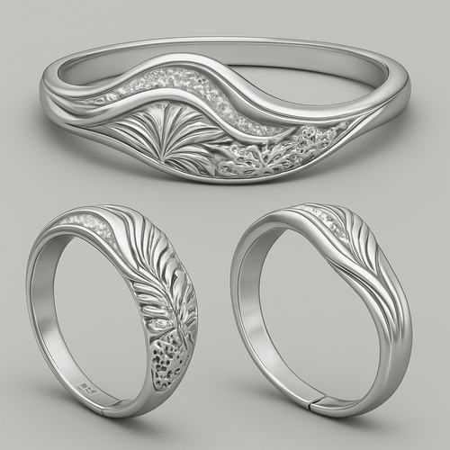 Design Concept: Create an elegant bangle (size 2/8) inspired by the natural beauty of island nations like Fiji — incorporating ocean waves, tropical flora, coral textures, and gentle curves reminiscent of sea breeze and island sunsets.

Material: Primary metal — 925 sterling silver with optional diamond accents for sparkle and sophistication.

Style Direction: A modern-luxury aesthetic that blends nature-inspired motifs with timeless elegance, suitable for premium designer brands such as Cartier or Bulgari.

Design Details:

Smooth, sculpted contours evoking waves or palm leaf curves.

Diamond or gemstone inlays subtly representing island light reflections on water.

Refined finishing, ideal for silver or 18K gold variations.

Artistic yet commercially viable — able to form the signature piece of a luxury jewelry line.


Output Requirements:

3D detailed rendering suitable for jewelry manufacturing.

Front, side, and angled perspective views.

Emphasize wearability, elegance, and brand potential.

Include optional engraving zone for brand logo.


Mood Keywords: Luxury island elegance, oceanic artistry, tropical sophistication, timeless silver radiance, Fiji-inspired design.
