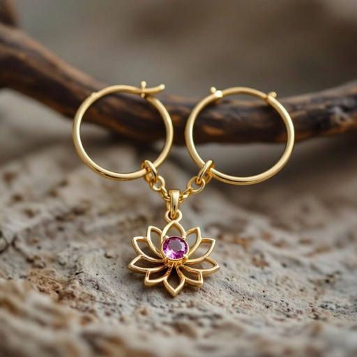Серьги небольшие кольца, подвеска в виде золотого лотоса шестью лепестками с маленьким розовым кварцем по центру