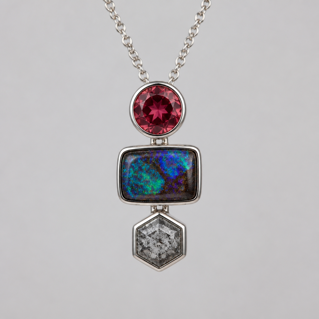 5mm round red beryl, rectangle boulder opal, 5mm hexagon salt and pepper diamond pendant
photorealistic jewelry design, 5mm round red beryl, rectangle boulder opal, 5mm hexagon salt and pepper diamond pendant , minimalist style, just the design no text
